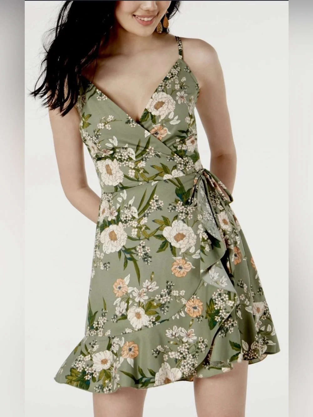 Speechless Floral Faux Wrap Mini Dress Sage Green Size L - Picture 1 of 8